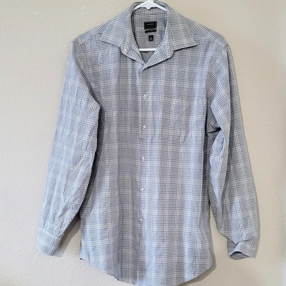FITTED White/ Gray/ Blue Checkered  Dress Shirt - Picture 2 of 5